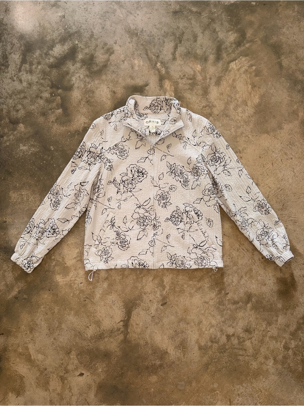 Orvis Gray Black Floral Textured Lightweight Full Zip Cinch Hem Jacket M